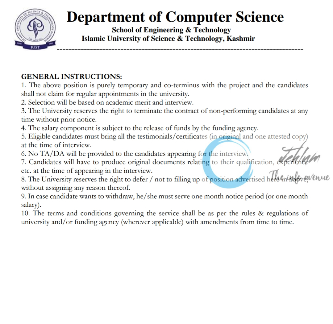 IUST KASHMIR Deptt of Computer Science Research Assistant Notification 2024