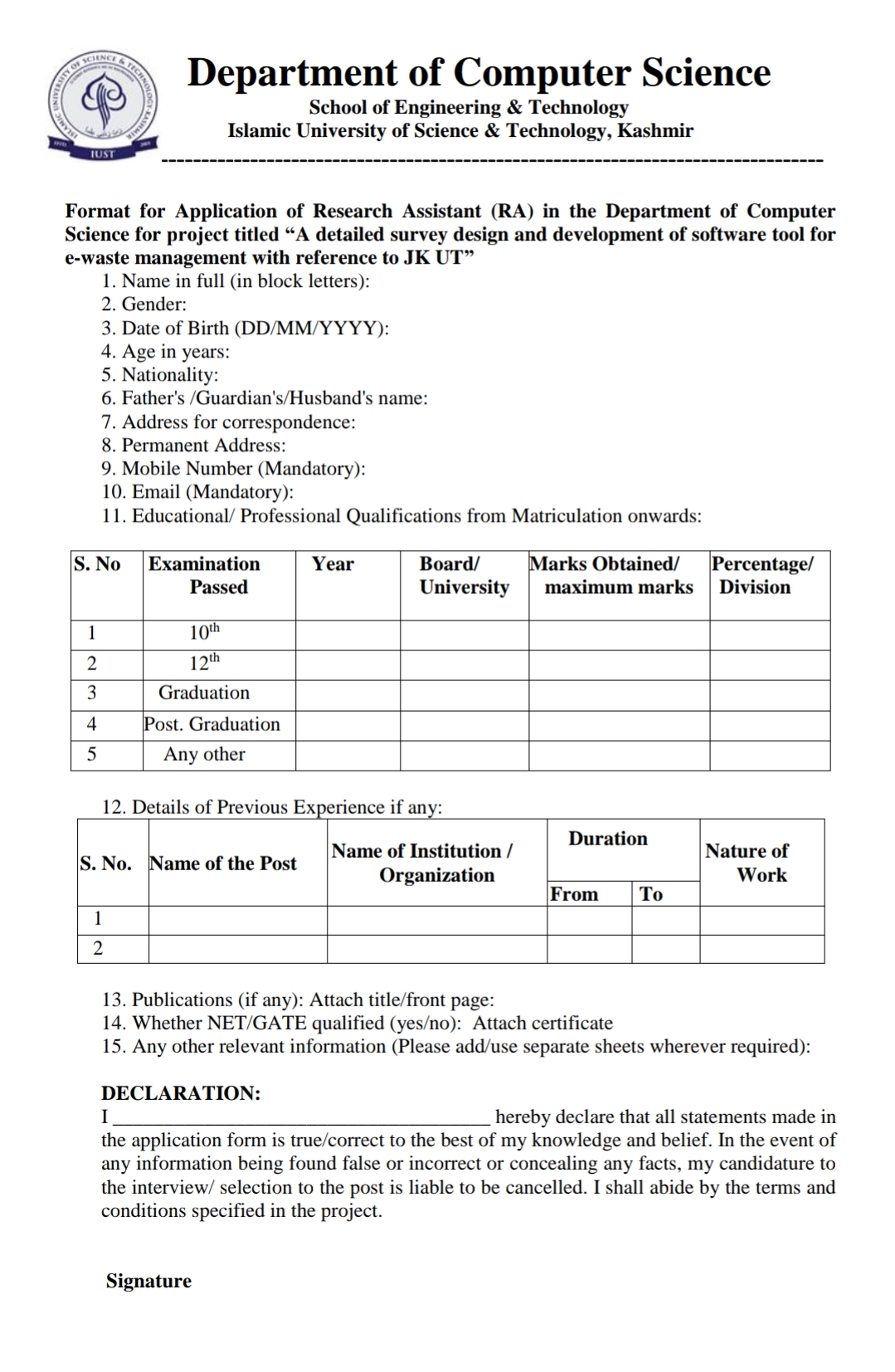 IUST KASHMIR Deptt of Computer Science Research Assistant Notification 2024