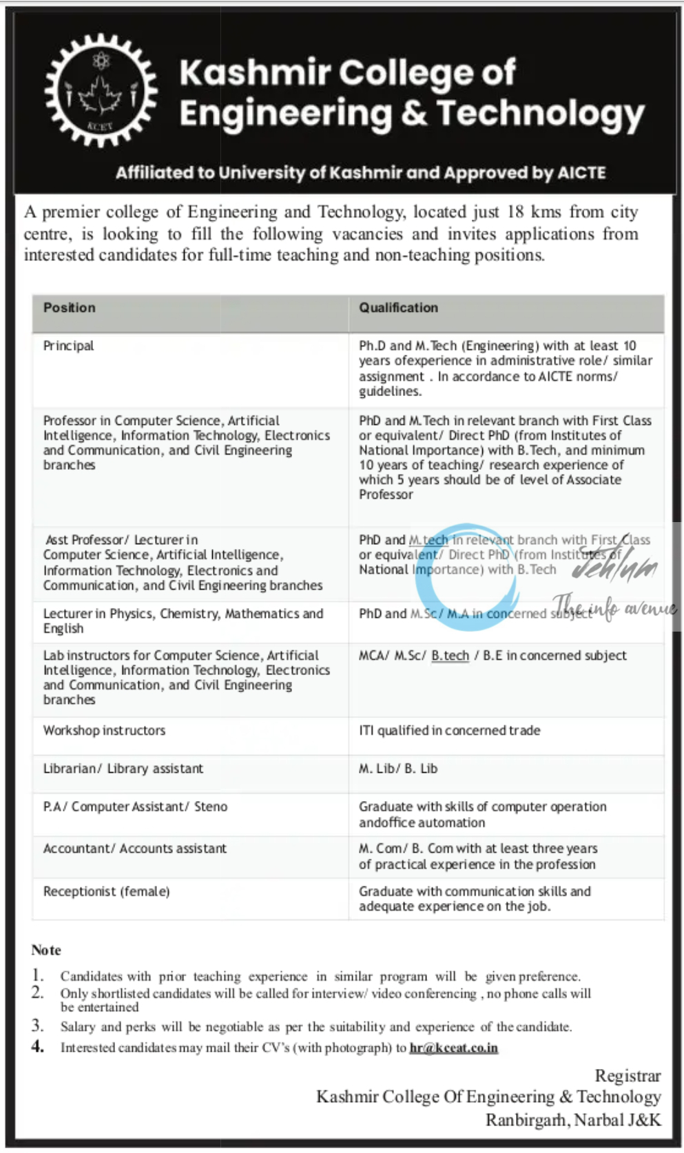 Kashmir College of Engineering & Technology Srinagar Jobs 2024