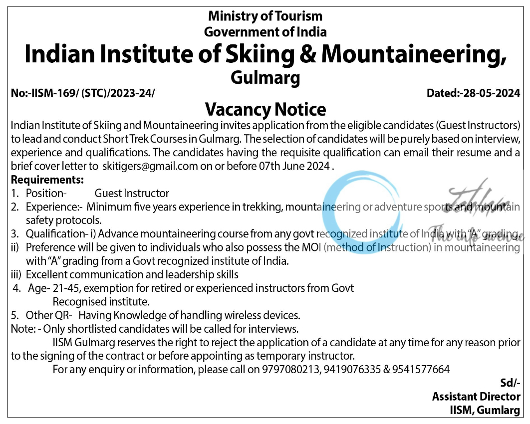 Indian Institute of Skiing & Mountaineering Gulmarg Jobs Vacancy Notice 2024