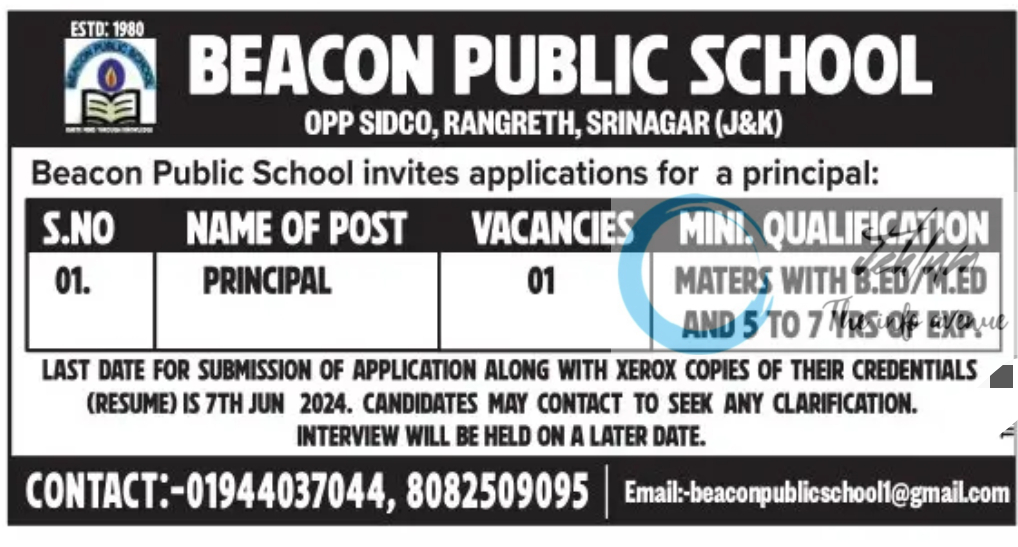 BEACON PUBLIC SCHOOL SRINAGAR JOBS 2024