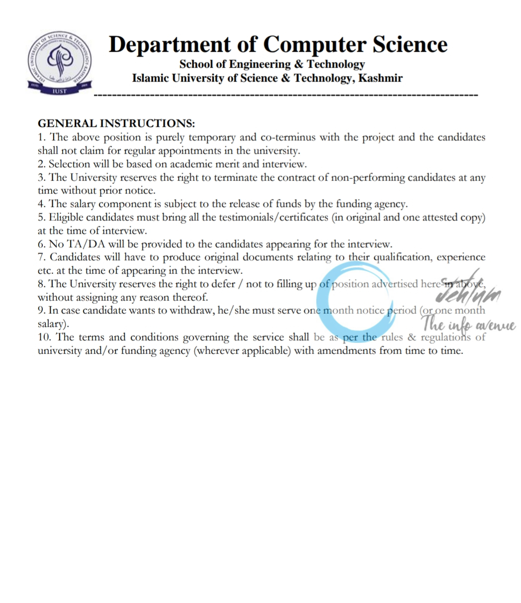 IUST Kashmir Deptt of Computer Science Research Assistant Advertisement Notice 2024