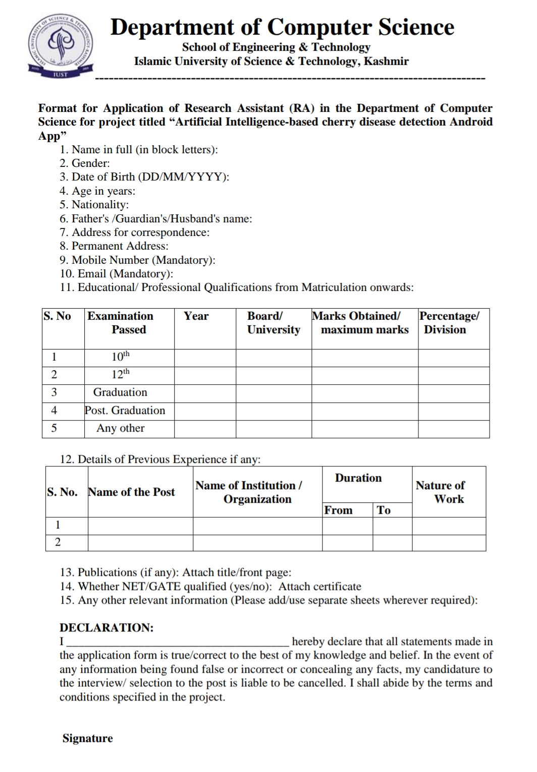 IUST Kashmir Deptt of Computer Science Research Assistant Advertisement Notice 2024