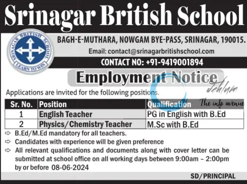 Srinagar British School Teaching Jobs Vacancy 2024