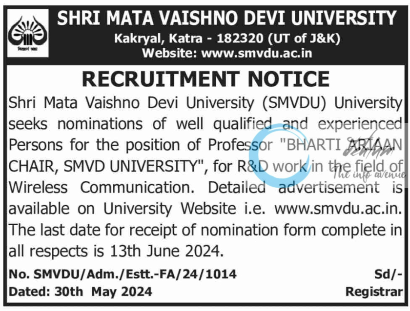 SMVDU KATRA BHARTI ARIAAN CHAIR RECRUITMENT NOTICE 2024