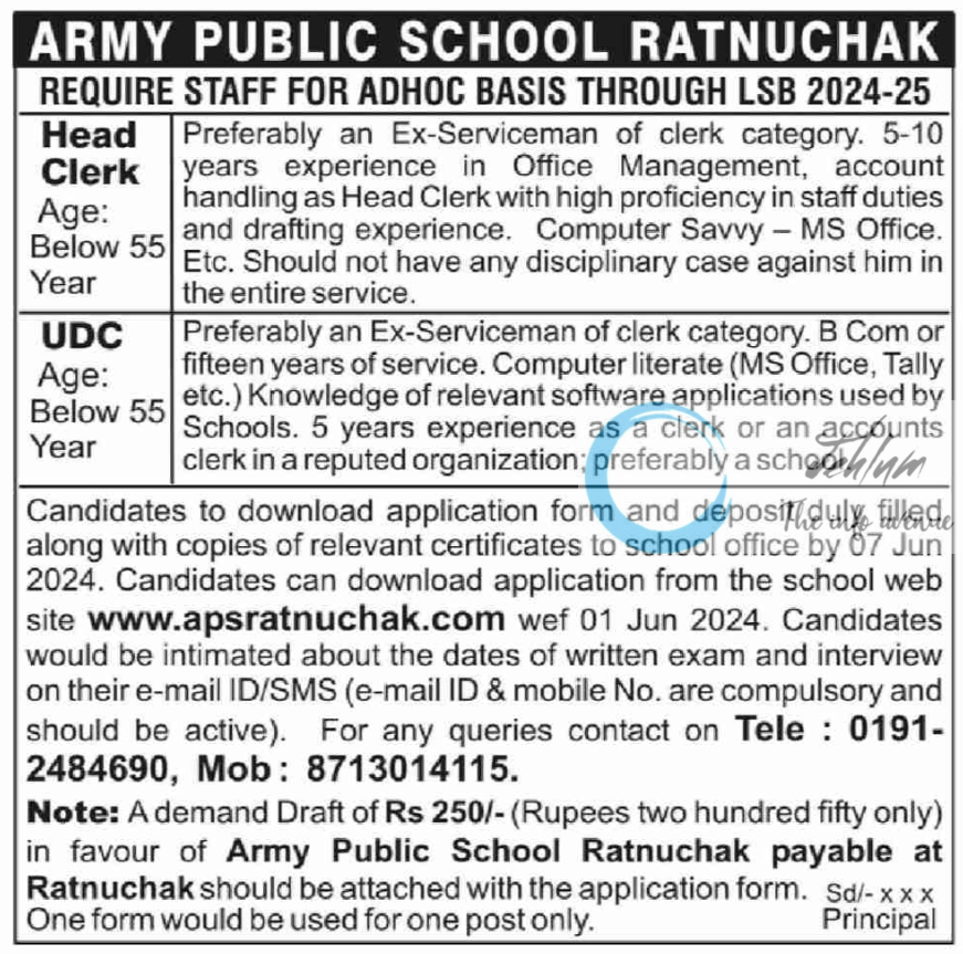 ARMY PUBLIC SCHOOL RATNUCHAK RECRUITMENT NOTICE 2024