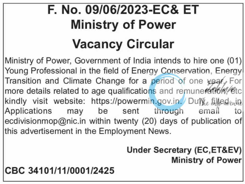 Ministry of Power Govt of India Young Professional Vacancy Circular 2024