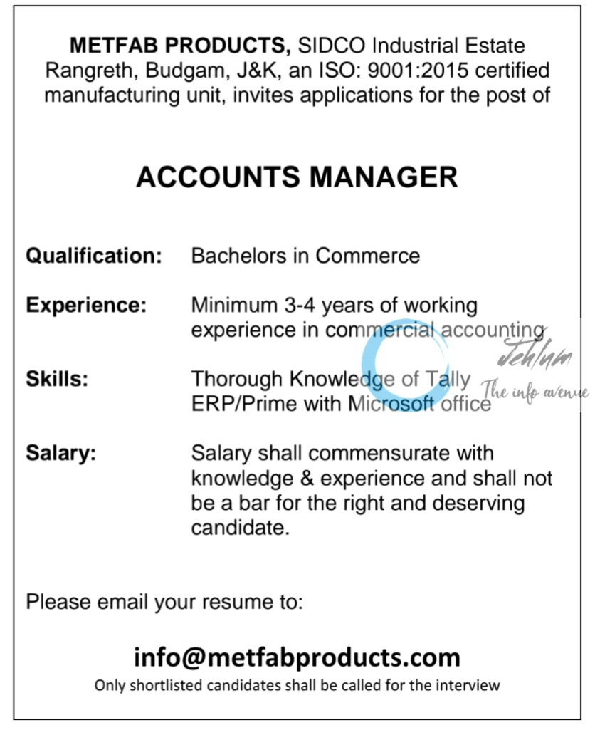 METFAB PRODUCTS RANGRETH ACCOUNTS MANAGER JOBS 2024