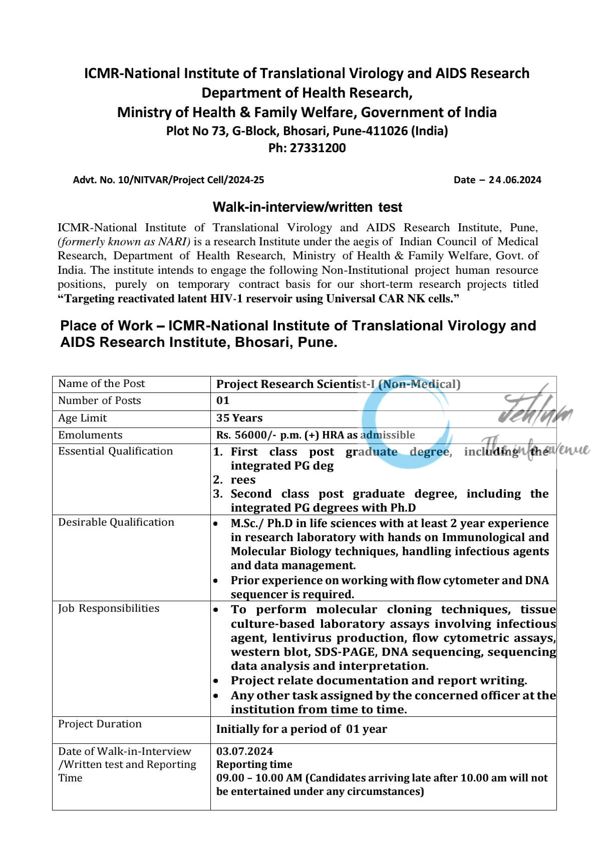 ICMR-National Institute of Translational Virology and AIDS Research Institute Project Research Scientist-I Advertisement Notice 2024