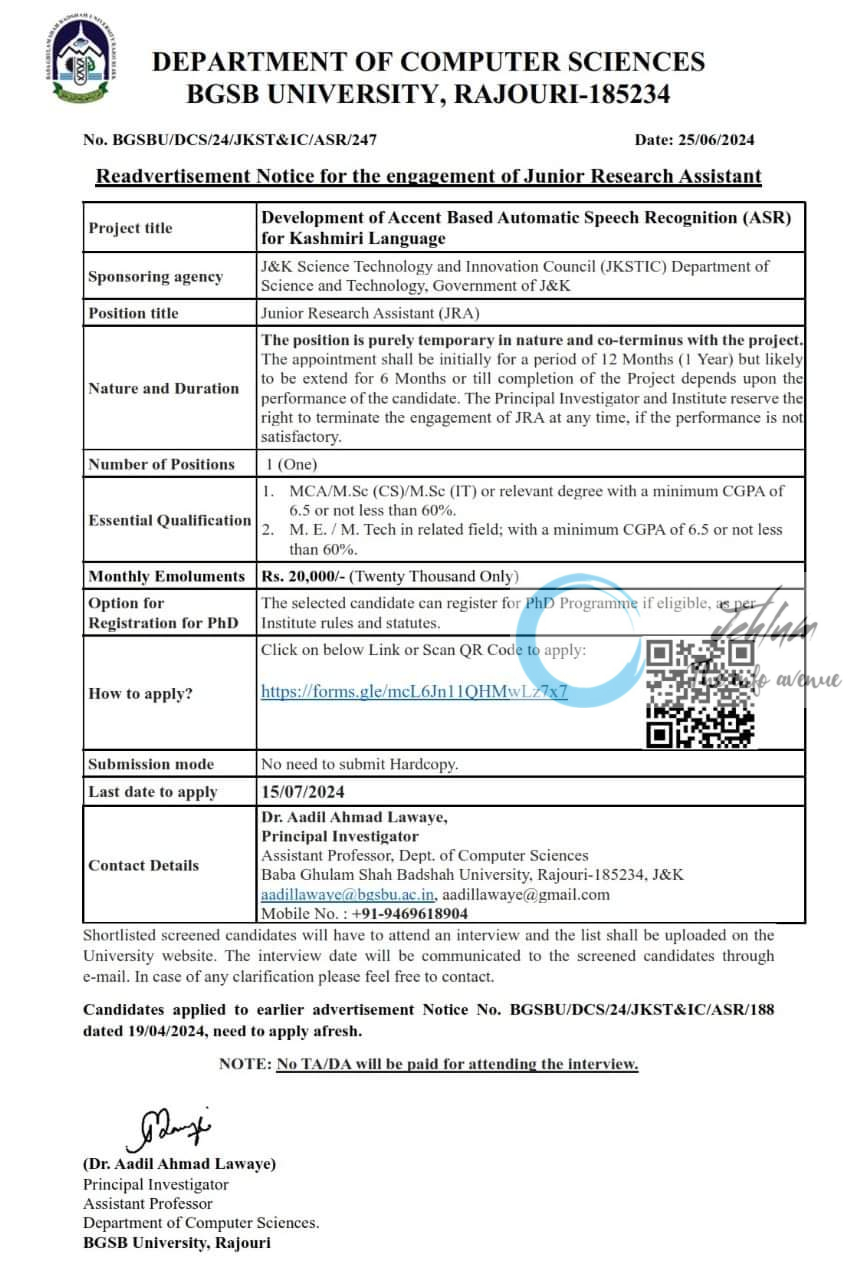 BGSB UNIVERSITY RAJOURI DEPT OF COMPUTER SCIENCES JUNIOR RESEARCH ASSISTANT READVERTISEMENT NOTICE 2024