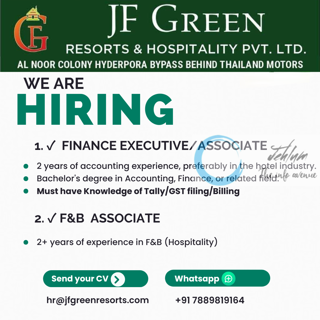 JF GREEN RESORTS SRINAGAR JOBS OPENINGS 2024