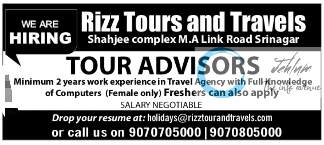 Rizz Tours and Travels Srinagar Jobs 2024