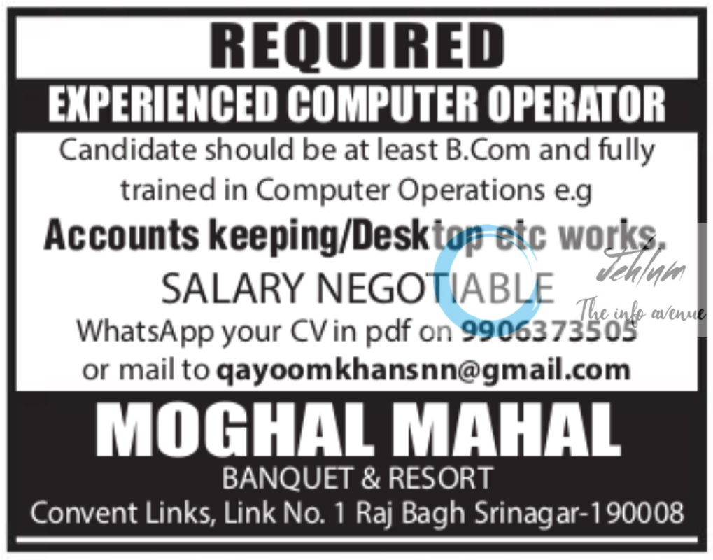 MOGHAL MAHAL BANQUET & RESORT SRINAGAR JOBS 2024