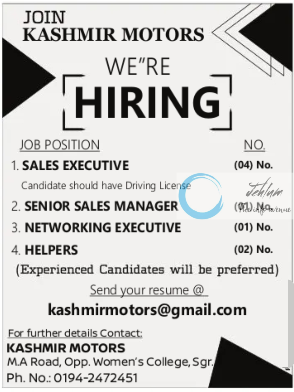 KASHMIR MOTORS SRINAGAR JOBS 2024