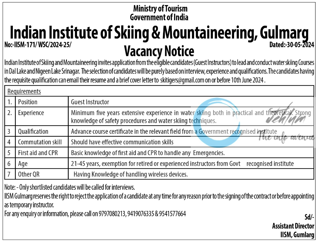 IISM Gulmarg Water Skiing Guest Instructors Vacancy Notice 2024