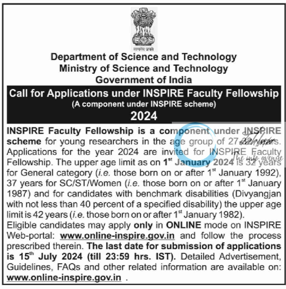 Department of Science and Technology INSPIRE Faculty Fellowship Notification 2024