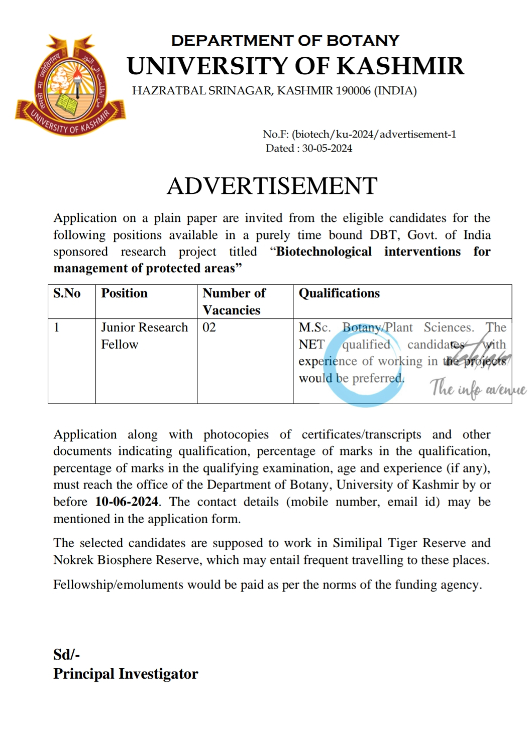 UNIVERSITY OF KASHMIR DEPTT OF BOTANY JRF ADVERTISEMENT NOTICE 2024