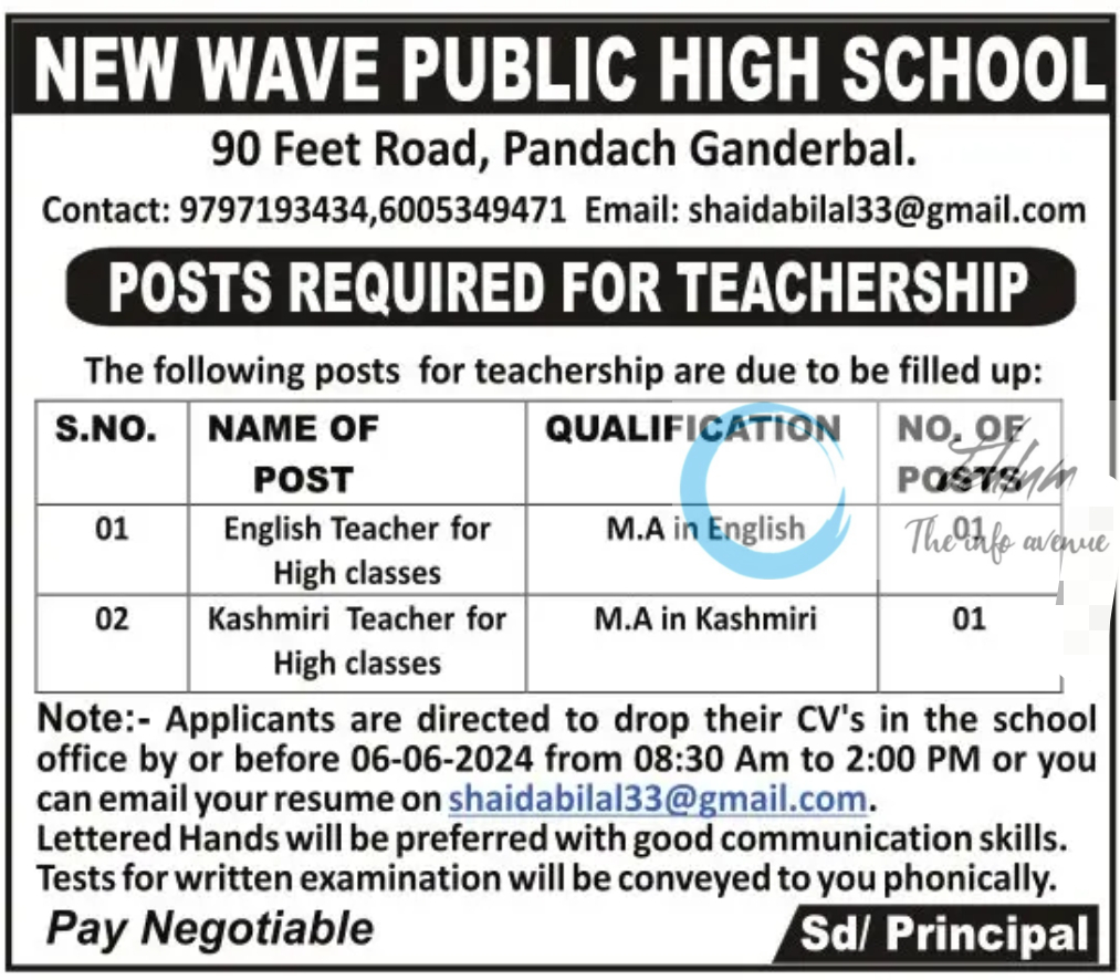 NEW WAVE PUBLIC HIGH SCHOOL GANDERBAL JOBS 2024