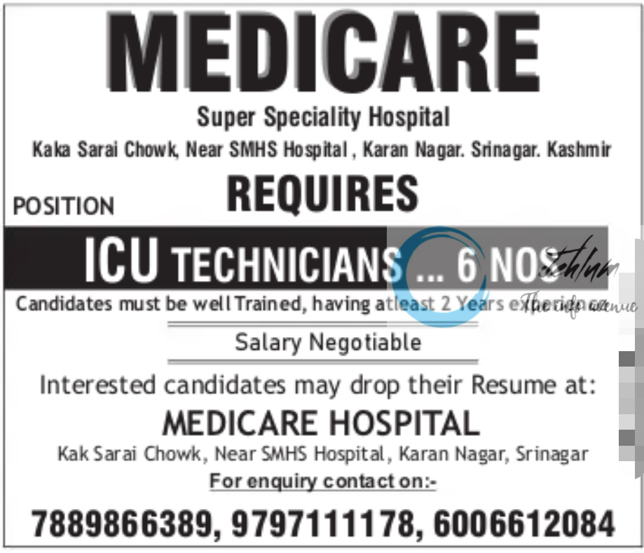 MEDICARE HOSPITAL SRINAGAR ICU TECHNICIANS JOBS 2024