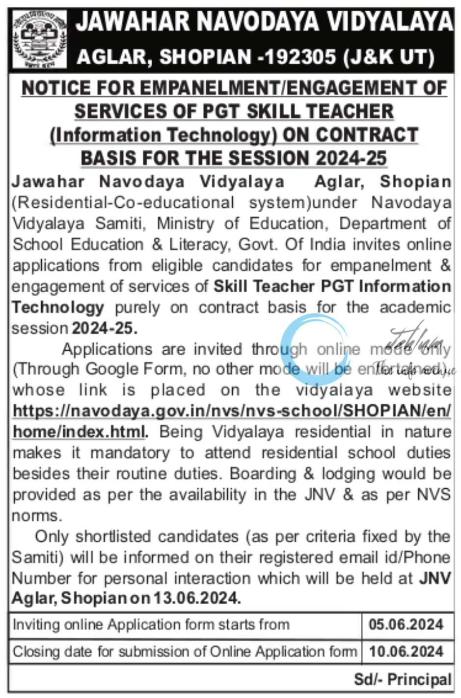 JAWAHAR NAVODAYA VIDYALAYA SHOPIAN PGT SKILL TEACHER JOBS ADVERTISEMENT 2024