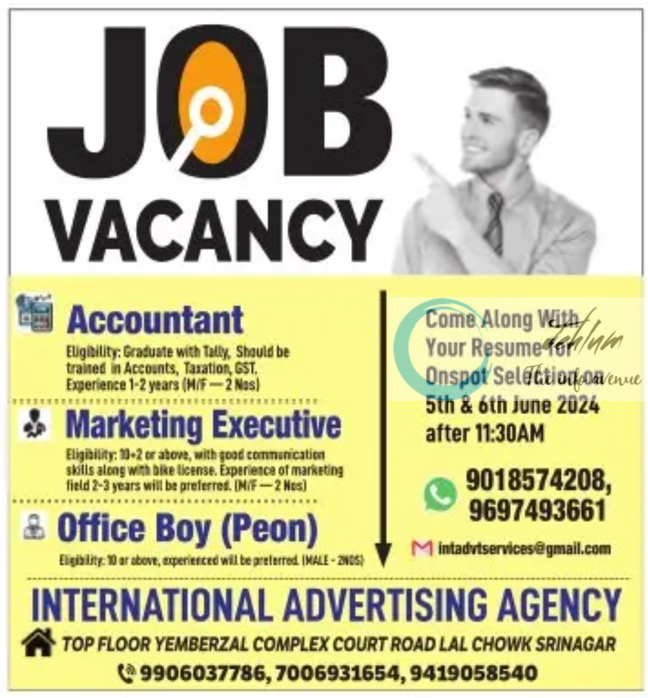 INTERNATIONAL ADVERTISING AGENCY SRINAGAR JOBS 2024