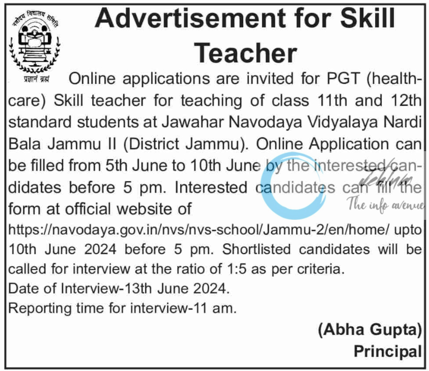 JNV Nardi Bala Jammu Skill Teacher Jobs Vacancy 2024