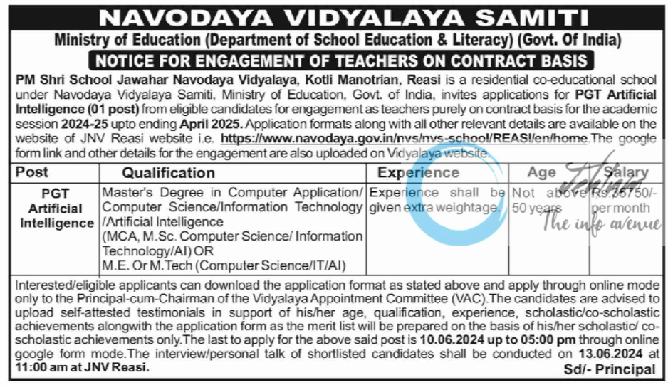 NAVODAYA VIDYALAYA SAMITI PGT RECRUITMENT NOTICE 2024