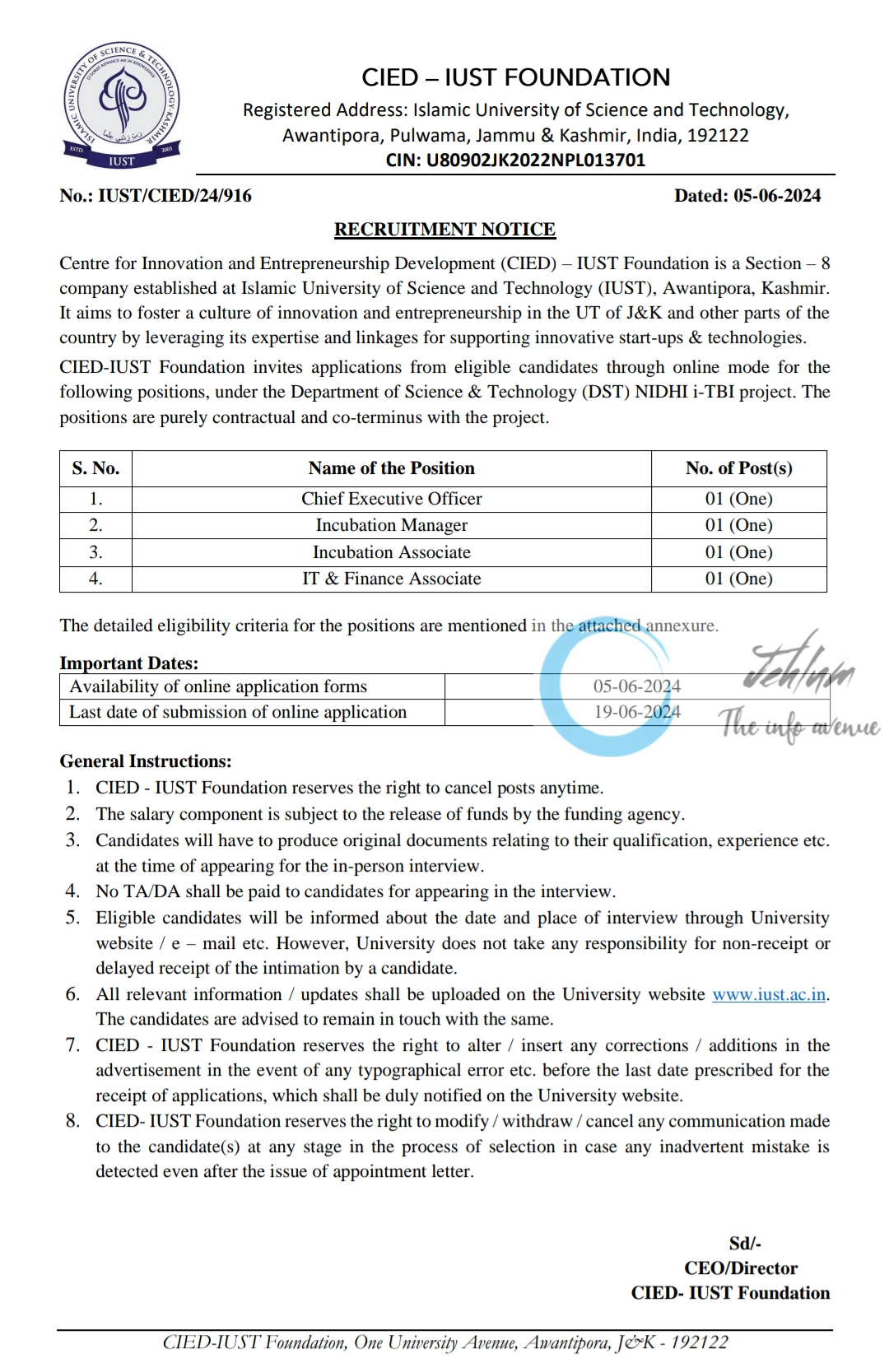 CIED - IUST FOUNDATION RECRUITMENT NOTICE 2024