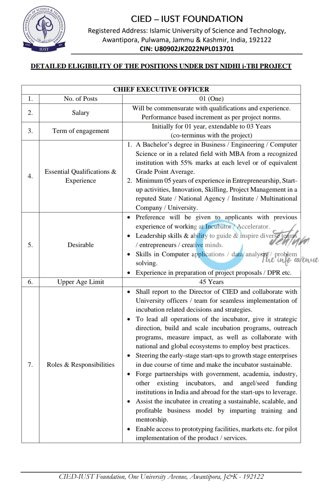 CIED - IUST FOUNDATION RECRUITMENT NOTICE 2024