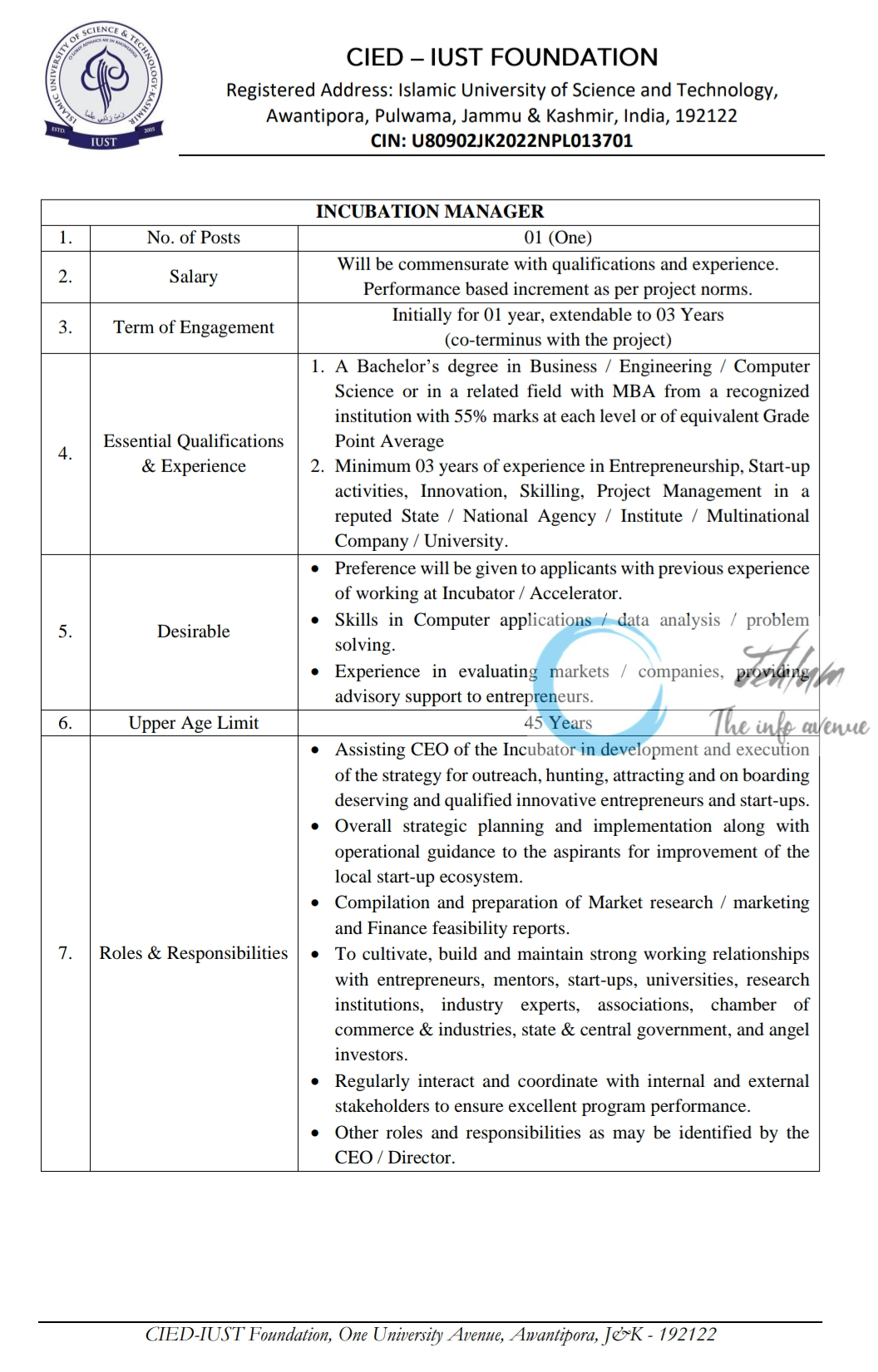 CIED - IUST FOUNDATION RECRUITMENT NOTICE 2024