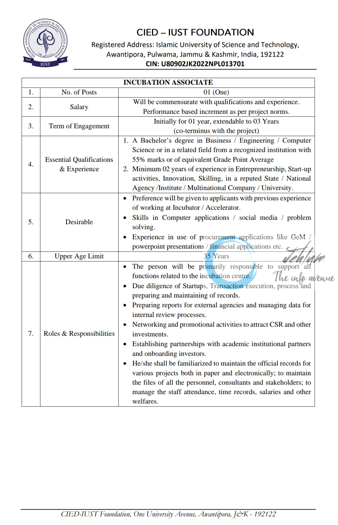 CIED - IUST FOUNDATION RECRUITMENT NOTICE 2024