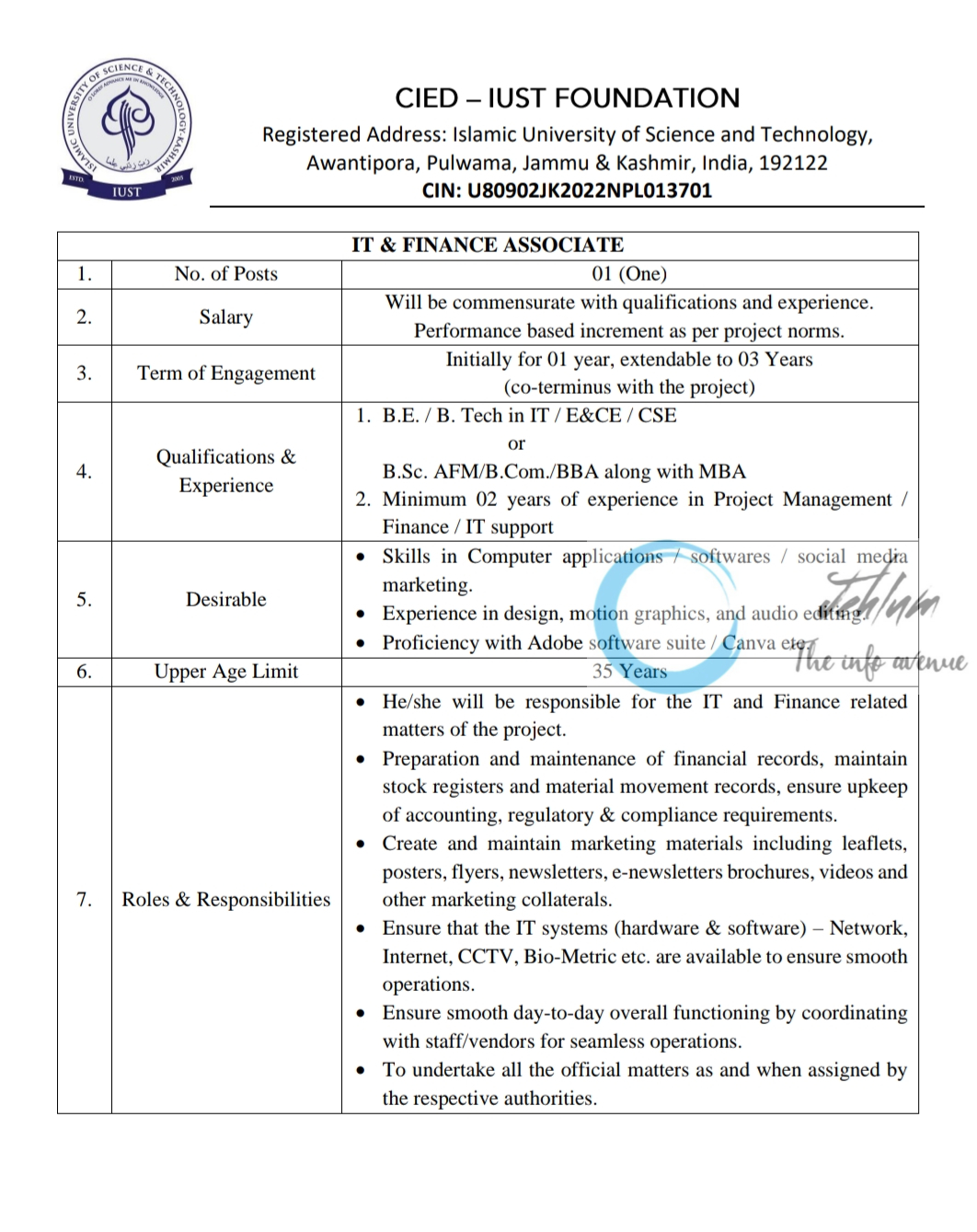 CIED - IUST FOUNDATION RECRUITMENT NOTICE 2024