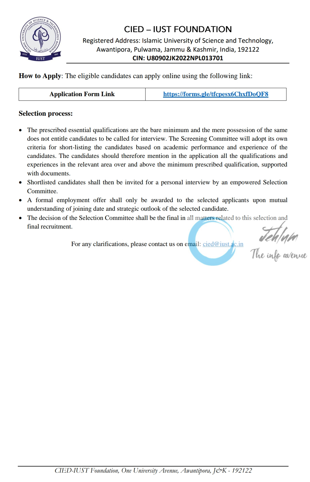 CIED - IUST FOUNDATION RECRUITMENT NOTICE 2024