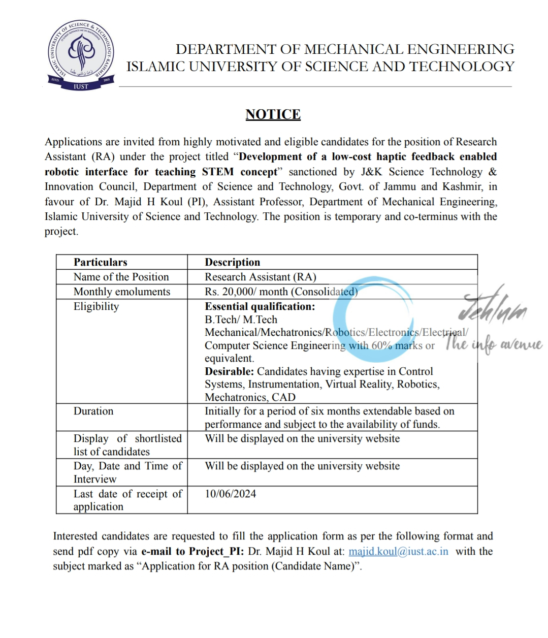 IUST DEPTT OF MECHANICAL ENGINEERING RESEARCH ASSISTANT ADVERTISEMENT NOTICE 2024