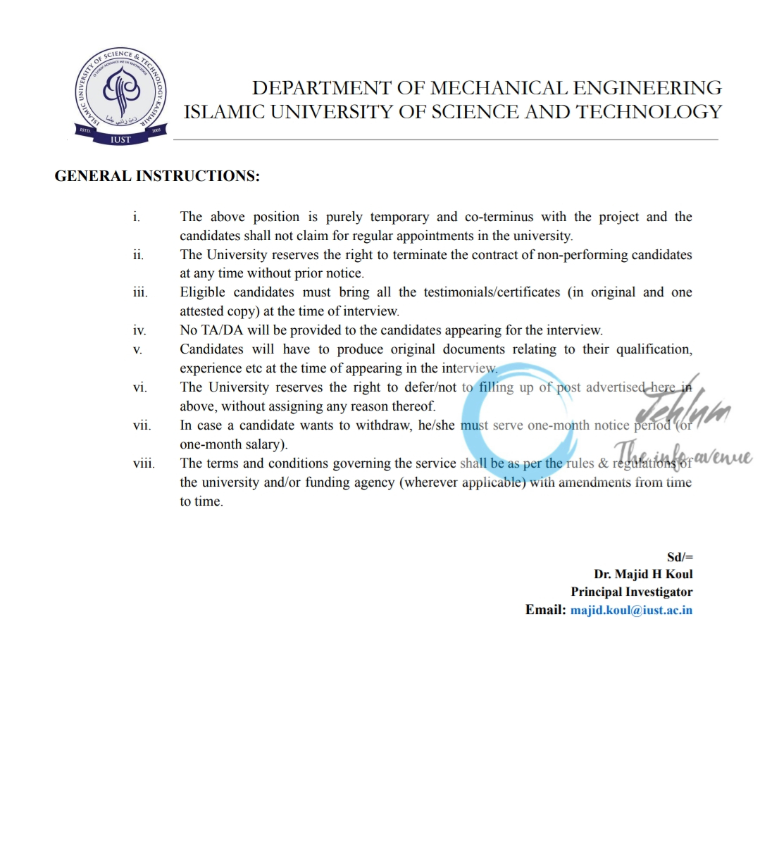 IUST DEPTT OF MECHANICAL ENGINEERING RESEARCH ASSISTANT ADVERTISEMENT NOTICE 2024