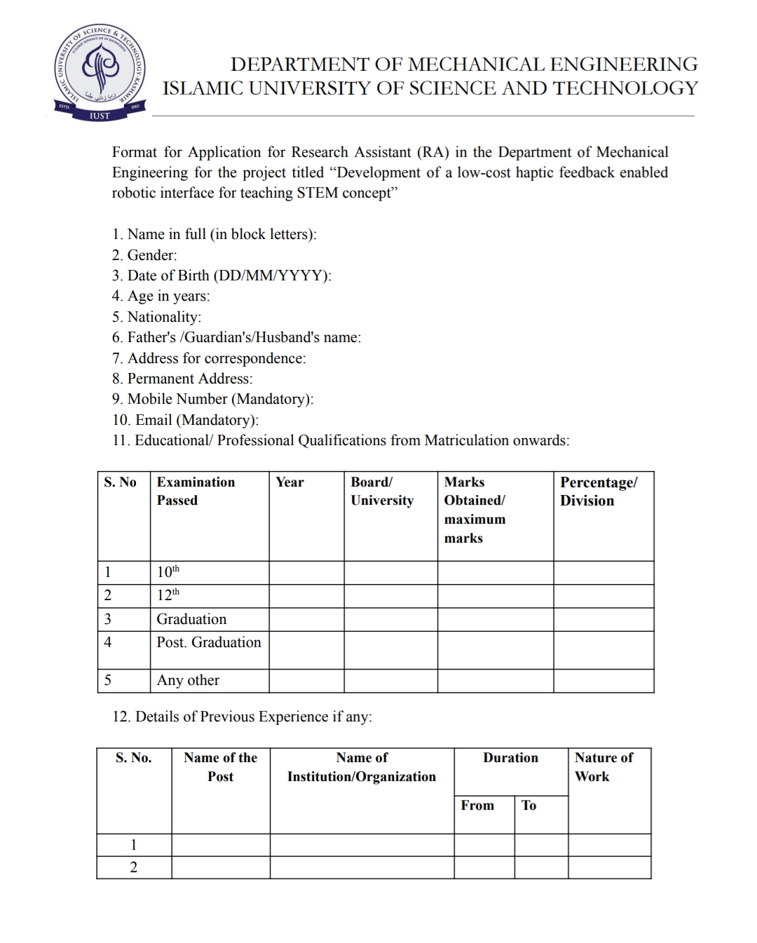 IUST DEPTT OF MECHANICAL ENGINEERING RESEARCH ASSISTANT ADVERTISEMENT NOTICE 2024