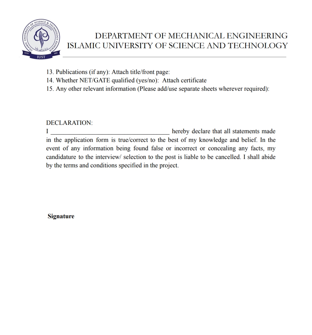 IUST DEPTT OF MECHANICAL ENGINEERING RESEARCH ASSISTANT ADVERTISEMENT NOTICE 2024