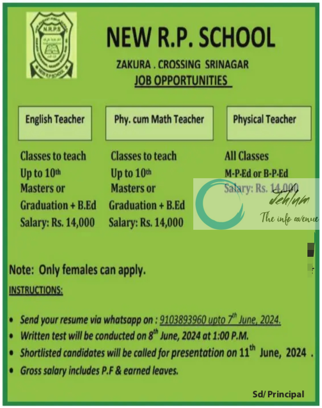 NEW RP SCHOOL SRINAGAR JOBS 2024