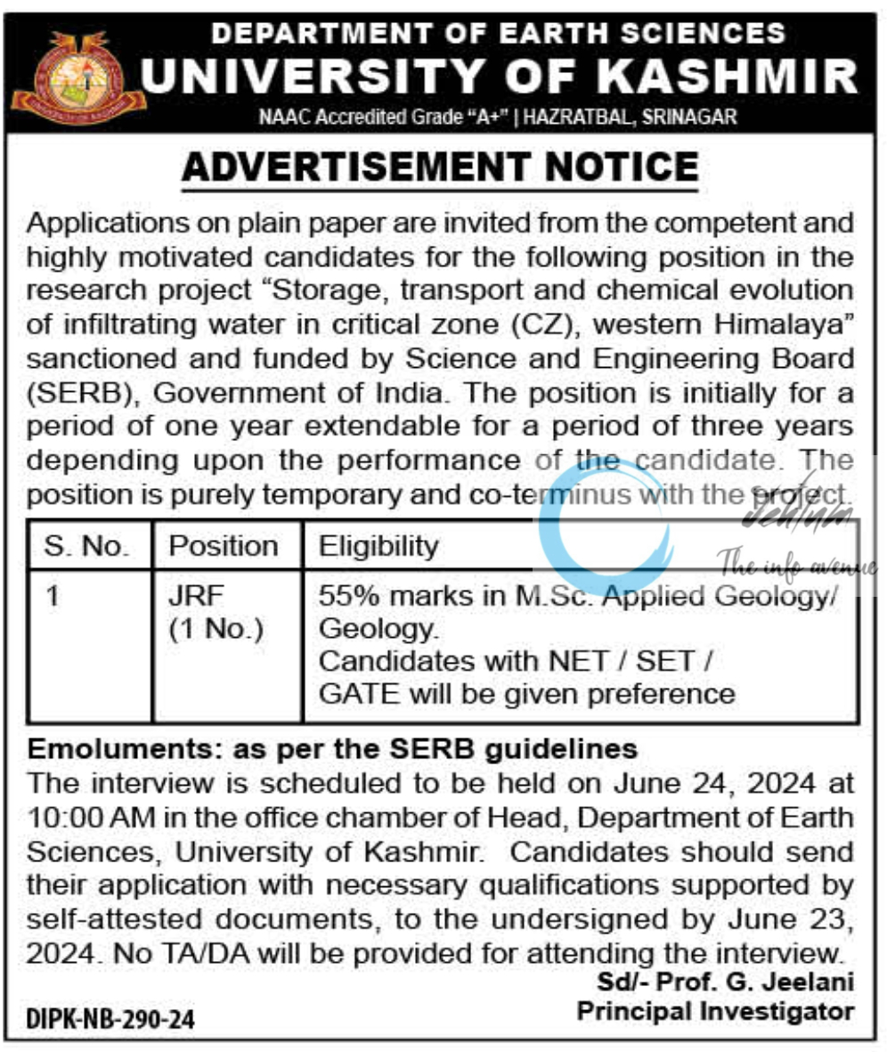 UNIVERSITY OF KASHMIR DEPTT OF EARTH SCIENCES JRF ADVERTISEMENT NOTICE 2024