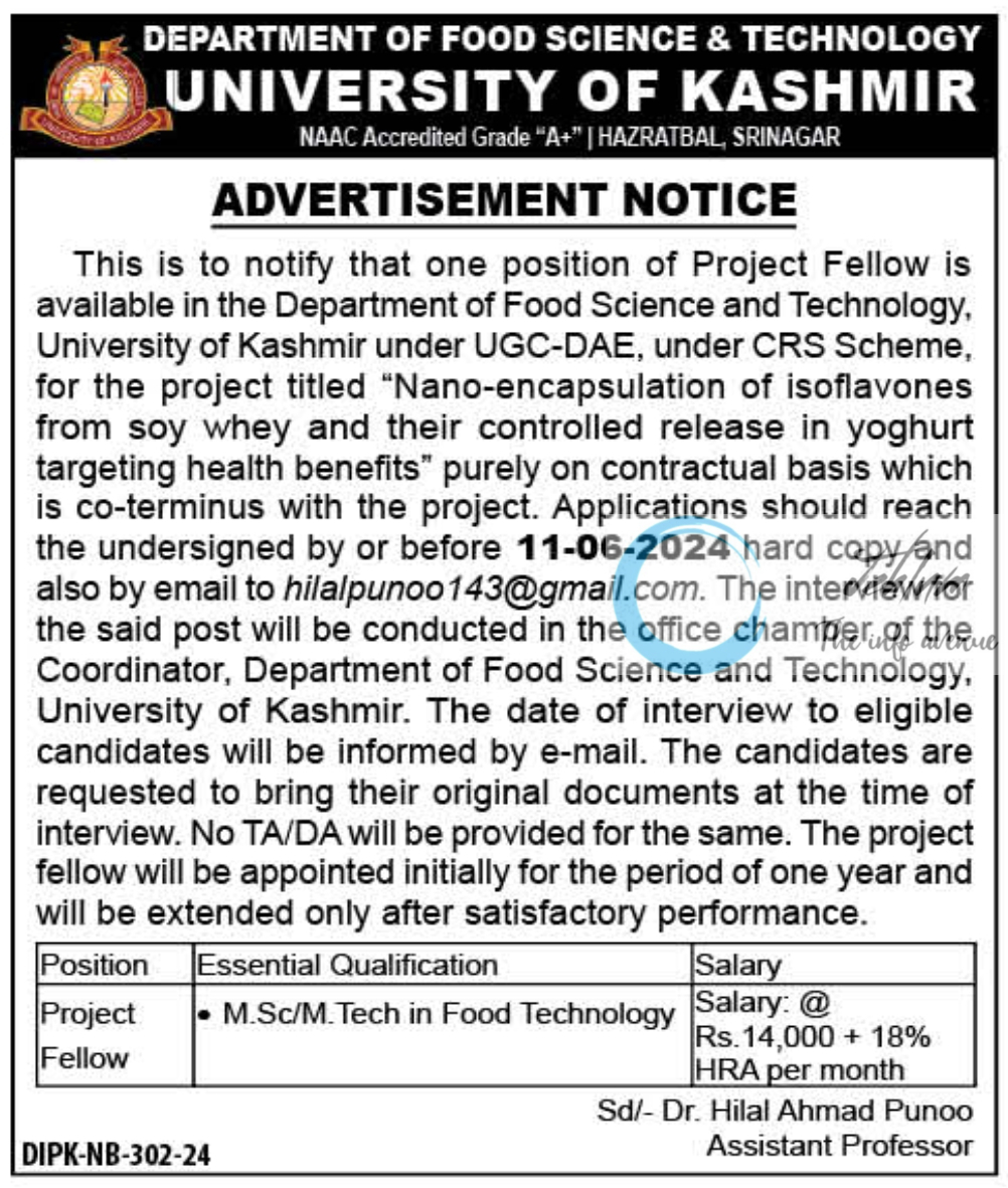 UNIVERSITY OF KASHMIR DEPTT OF FOOD SCIENCE AND TECHNOLOGY PROJECT FELLOW ADVERTISEMENT NOTICE 2024