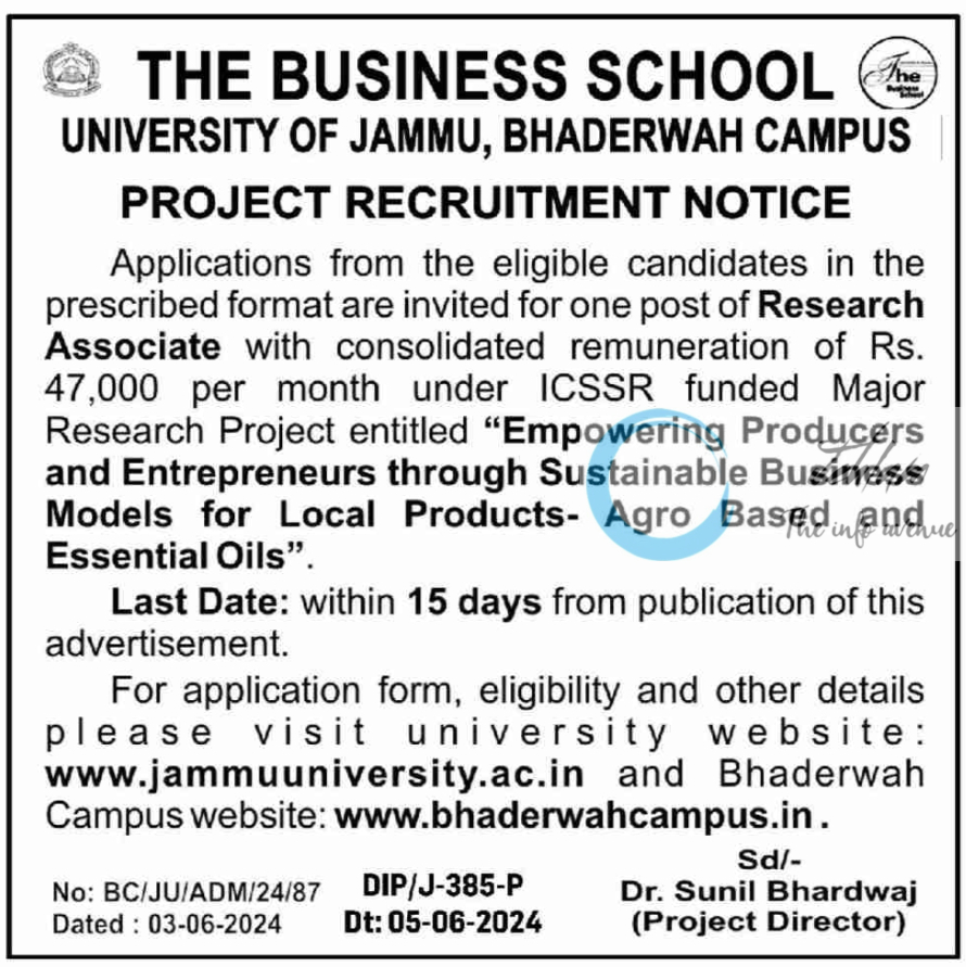 UNIVERSITY OF JAMMU THE BUSINESS SCHOOL PROJECT RECRUITMENT NOTICE 2024