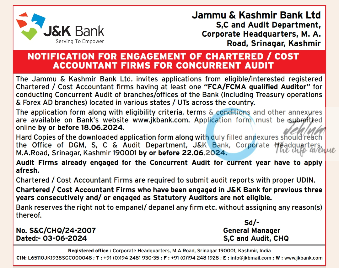 JK Bank Ltd Chartered Cost Accountant Recruitment Notification 2024