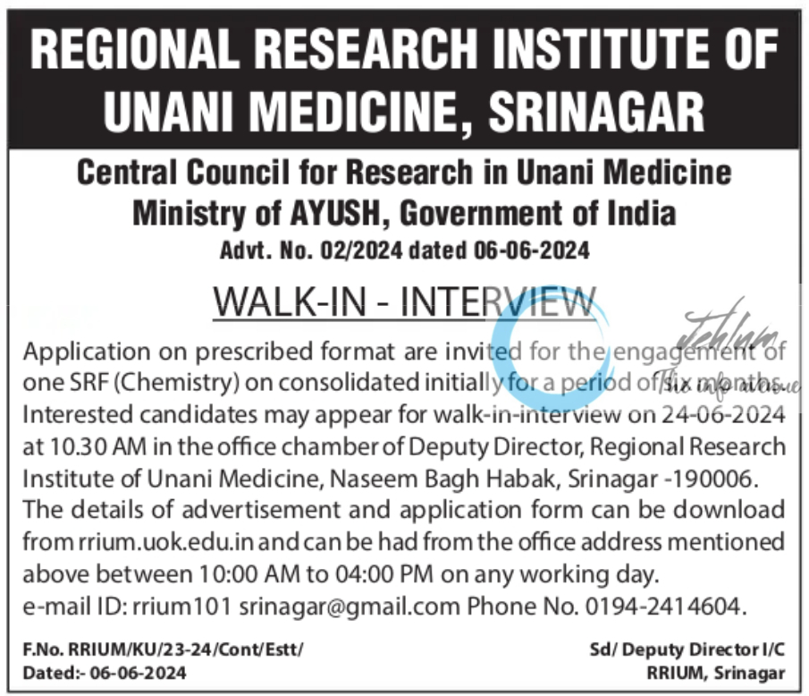 RRIUM SRINAGAR SRF WALK-IN-INTERVIEW NOTIFICATION 2024