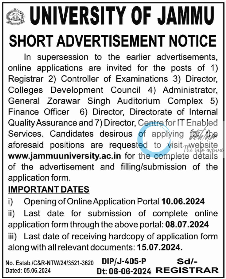 UNIVERSITY OF JAMMU RECRUITMENT ADVERTISEMENT NOTICE 2024