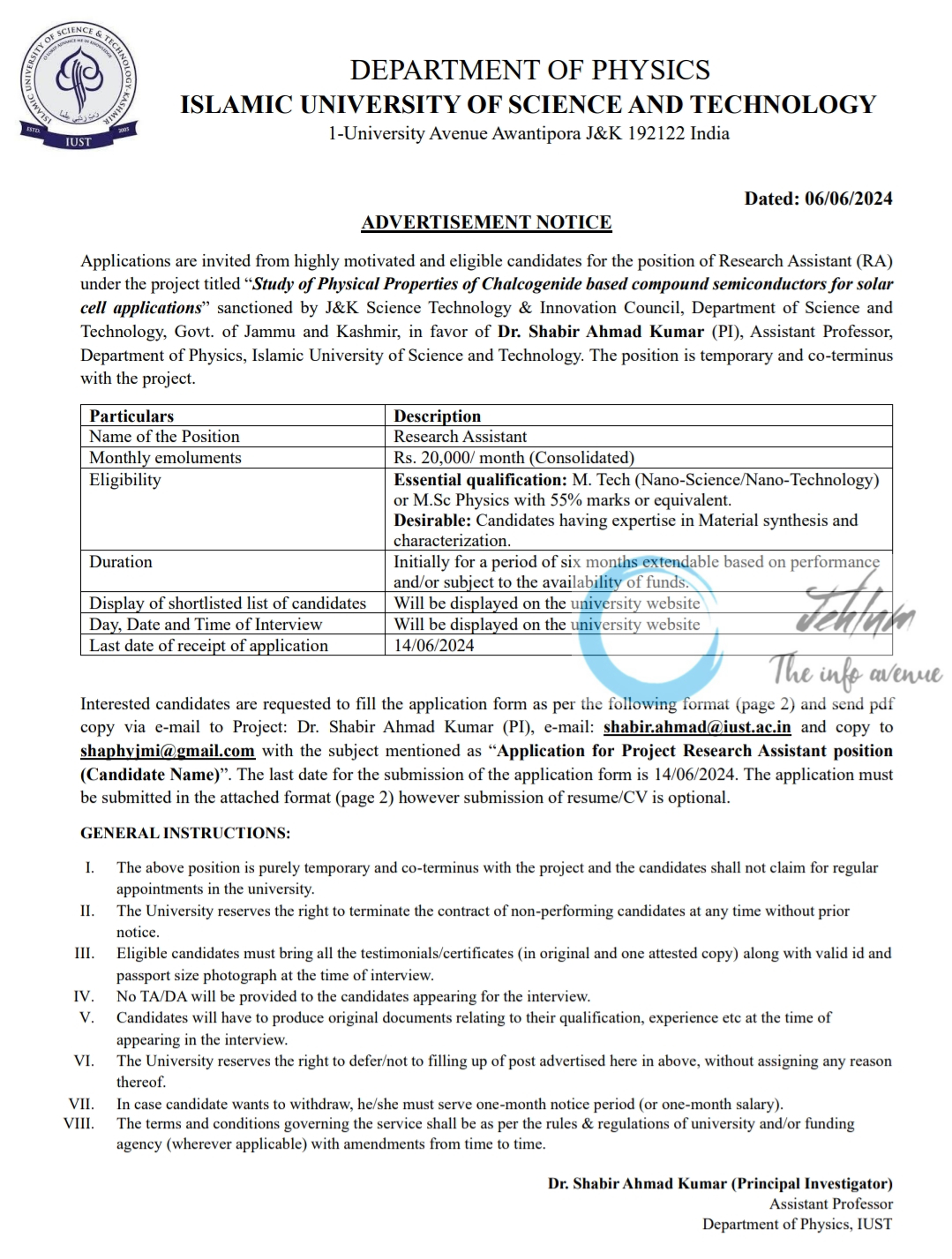 IUST DEPTT OF PHYSICS RESEARCH ASSISTANT RA ADVERTISEMENT NOTICE 2024