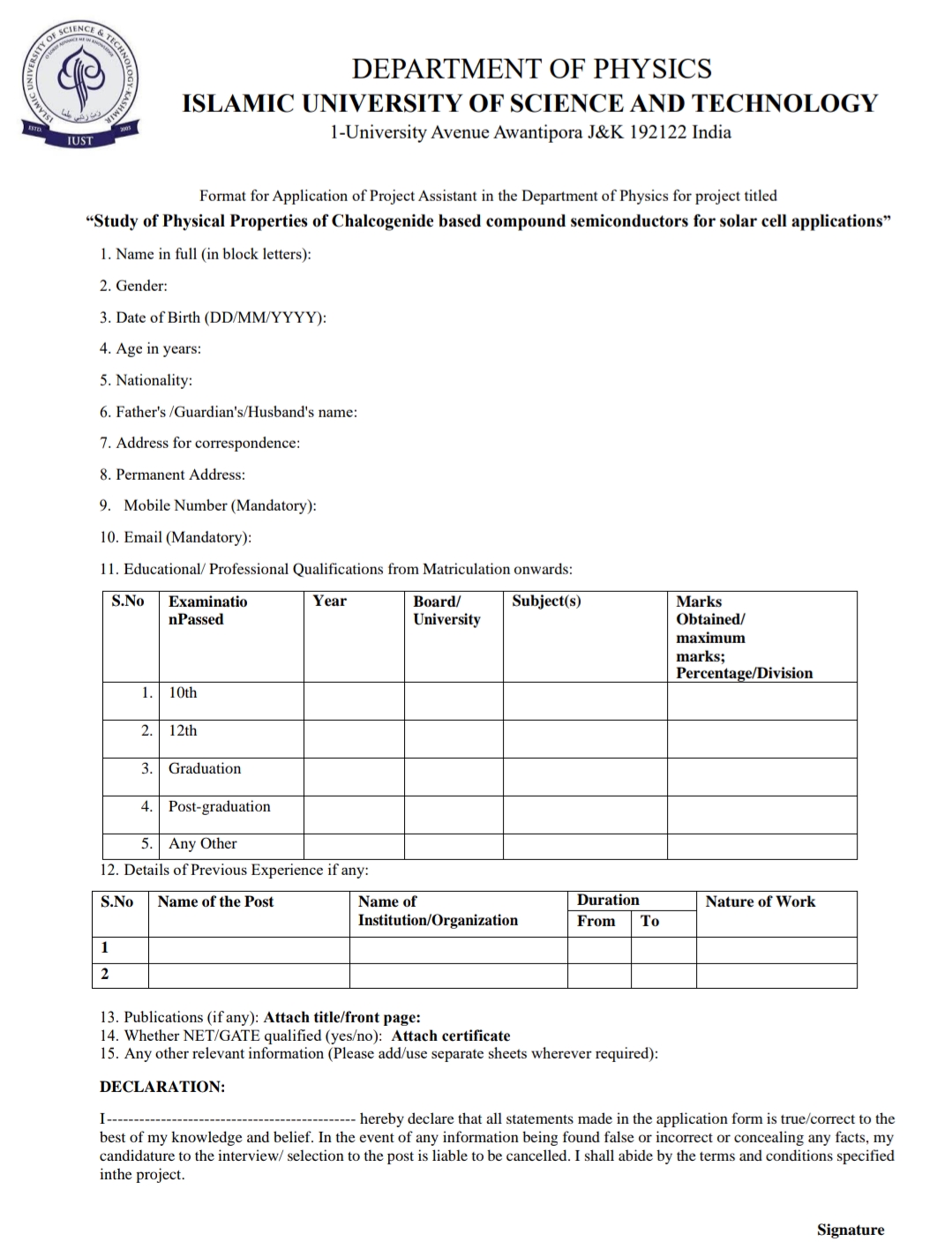 IUST DEPTT OF PHYSICS RESEARCH ASSISTANT RA ADVERTISEMENT NOTICE 2024