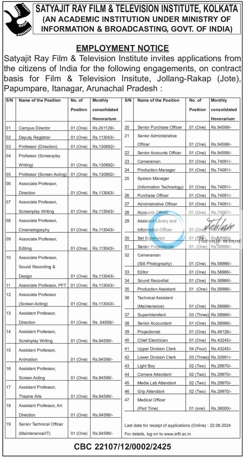 SATYAJIT RAY FILM AND TELEVISION INSTITUTE KOLKATA EMPLOYMENT NOTICE 2024