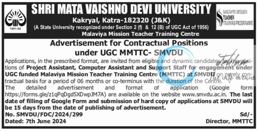 SMVDU Katra Advertisement for Contractual Positions under UGC MMTTC- SMVDU 2024