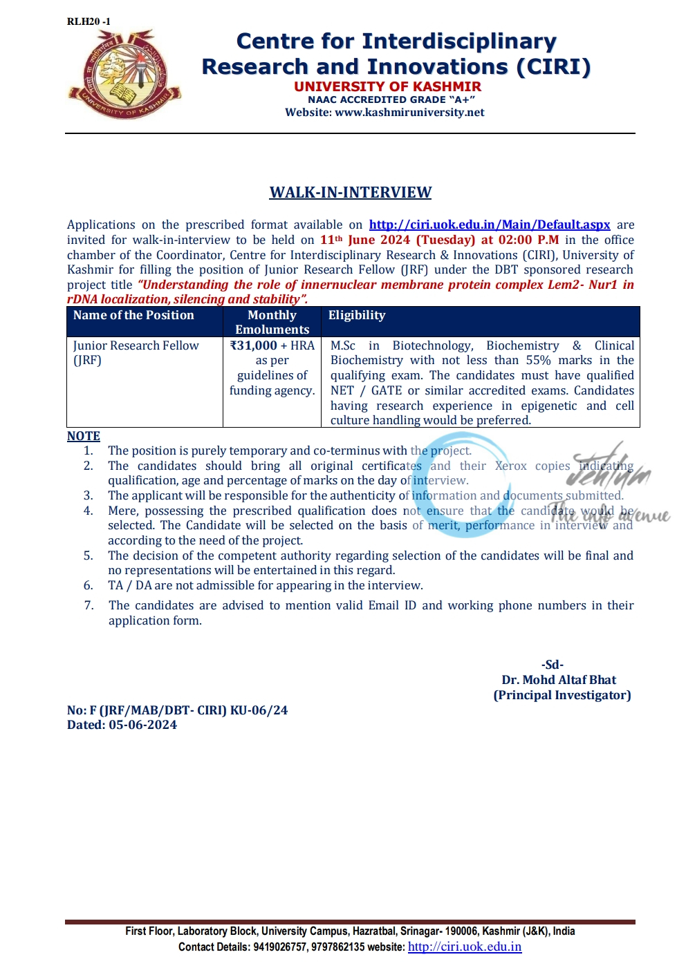 UNIVERSITY OF KASHMIR Centre for Interdisciplinary Research and Innovations CIRI JRF Notification 2024