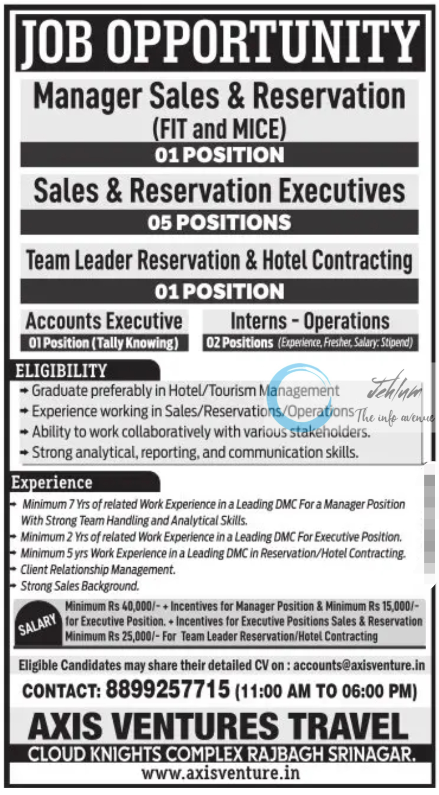 AXIS VENTURES TRAVEL SRINAGAR JOBS 2024